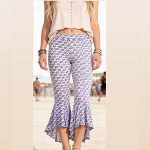 Flare Stretch High Low Asymmetrical Ruffle Kick Hem High Waisted Printed Pants
